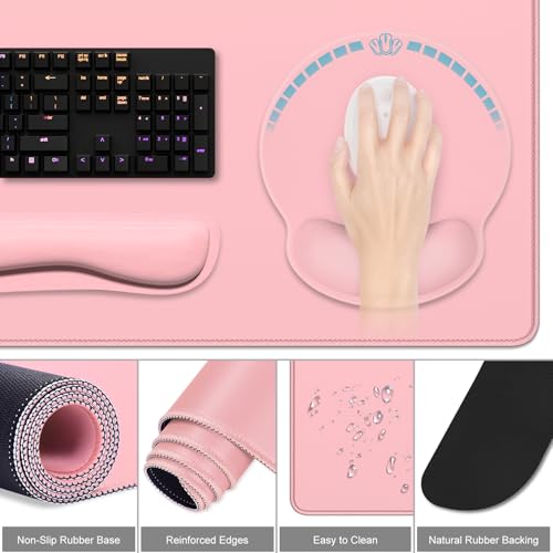 Dapesuom Large Gaming Mouse Pad, Pink Mouse Pads with Wrist Rest Wrist Support, 4in1 Big XXL Desk Mat Desk Pad + Ergonomic Mousepad + Memory Foam Keyboard Mat Wrist Rest + Coaster Set for Computer - color: Pink