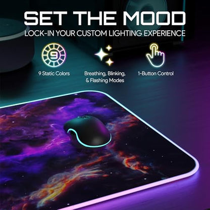 Gerlos RGB Gaming Mouse Pad, Large LED Desk Mat, 31.5 x 11.8 Inch | 12 light modes, non-slip base, water-resistant surface, stitched edges - color: Purple