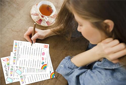 Birthday Party Card Games, Colorful Rainbow Ice Cream Pink Bow Themed Would She Rather Game Cards, What’s on Your Phone Games, Fun Sleepover Party Game For Kids Adults, 03 - color: Colorful Who Knows The Birthday Girl Best