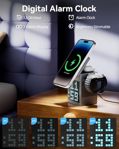 Vivilumens 3-in-1 Wireless Charging Station with Bluetooth Speaker, Pixel Digital Clock for Desk, Wireless MagSafe for iPhone 17/16/15, Apple Watch, AirPods, Fast Charging, Compact Desk Organizer - color: Grey