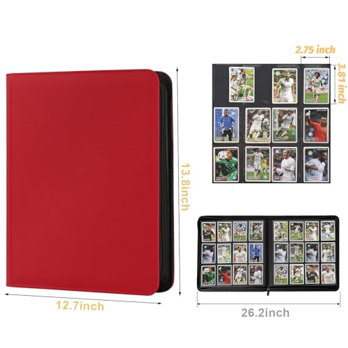 12 Pocket Ringless Side Loading Trading Card Binder, 720 Cards PU Fixed Page Zipper Card Album for TCG Sports Game Cards, Not Fit Top Loaders (Red) - color: 12 Pocket 720 Diamond Red