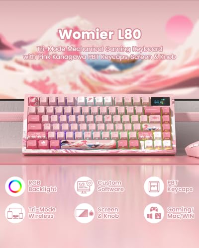 L80 Wireless Gaming Keyboard, 75% Mechanical Keyboard with Smart Display and Knob, Tri-Mode BT/2.4GHz/USB-C, Gasket Mount RGB Backlit, Hot Swappable for PC Mac - color: Pink