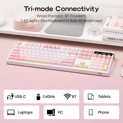 EPOMAKER TH108 PRO Full Size Mechanical Keyboard with Screen & Knob, Wireless Gaming Keyboard with 10000mAh, Creamy Gasket, Hot Swap, Custom Driver, RGB Backlight, NKRO (Pink, Sea Salt Silent) - color: Pink, size: Sea Salt Silent