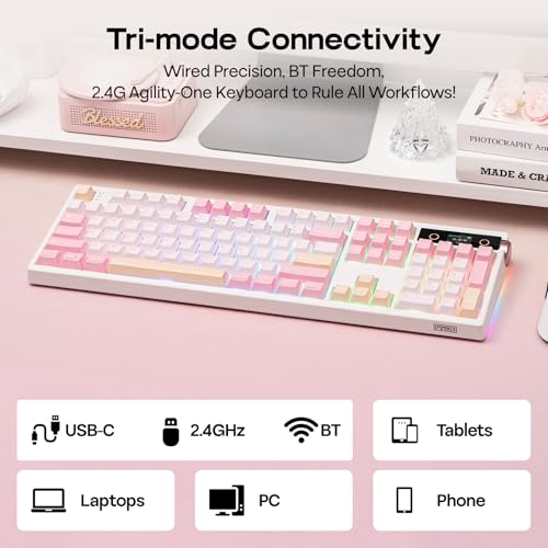 EPOMAKER TH108 PRO Full Size Mechanical Keyboard with Screen & Knob, Wireless Gaming Keyboard with 10000mAh, Creamy Gasket, Hot Swap, Custom Driver, RGB Backlight, NKRO (Pink, Creamy Jade) - color: Pink, size: Creamy Jade