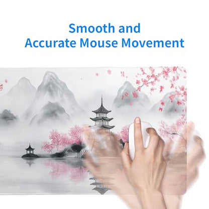 Pagoda Mouse Pad 31.5x11.8 Inch White Full Desk Japanese Mousepad Extended Large Non-Slip Rubber Base Waterproof Big Keyboard Mat with Stitched Edges for Gaming and Office - color: Pagoda
