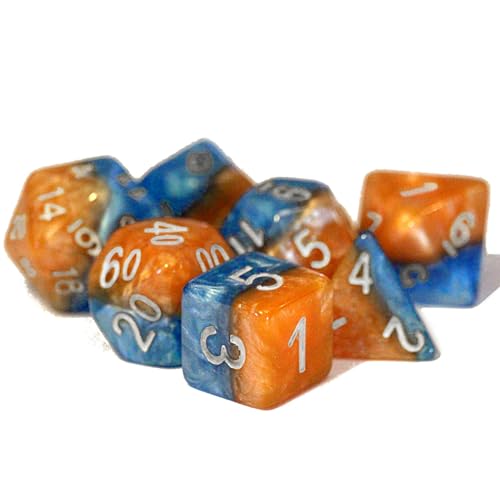 Gate Keeper Games and Dice: Halfsies Dice: Fire & Dice - 7pc Set, Flame Orange & Frost Blue, Pearlescent Swirl, 7 Resin Dice for Role Playing Games - style: Fire & Dice