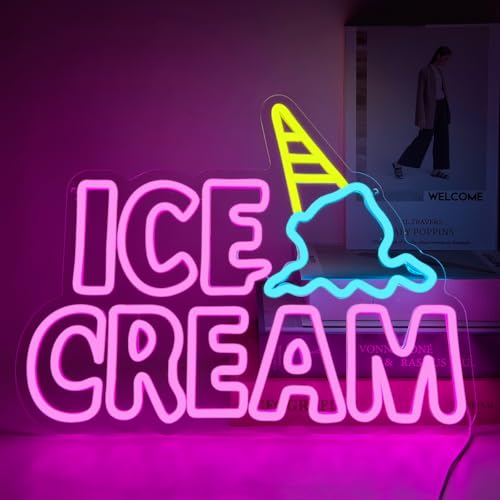 Ice Cream Neon Sign, Neon Signs for Wall Decor, Yellow Blue Pink Light Up Sign Word LED Neon Sign USB Powered Neon Wall Signs for Bedroom Restaurant Cafe Drink Bar Business Ice Cream Shop - color: Ice Cream