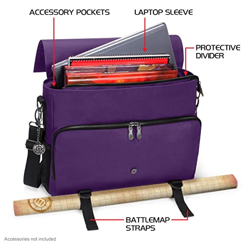 ENHANCE Collector's Edition RPG Player's Essentials DnD Bag - Dragon Hide Exterior Messenger Bag Fits 2-4 Books, Binders, Dice & Accessories, with 17 inch Laptop Slot, Battlemap Straps (Dragon Purple) - color: Dragon Purple