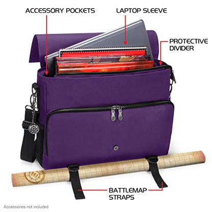 ENHANCE Collector's Edition RPG Player's Essentials DnD Bag - Dragon Hide Exterior Messenger Bag Fits 2-4 Books, Binders, Dice & Accessories, with 17 inch Laptop Slot, Battlemap Straps (Dragon Purple) - color: Dragon Purple