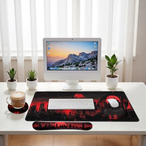 Dark City Desk Mat Set Red Moon Gothic Skyline Neon Mouse Pad with Wrist Rest 4in1 Desk Mat for Desktop Ergonomic Computer Desk Arm Wrist Anti-Slip Computer Ergonomic Mouse Pad Home Office Gaming - color: Dark City