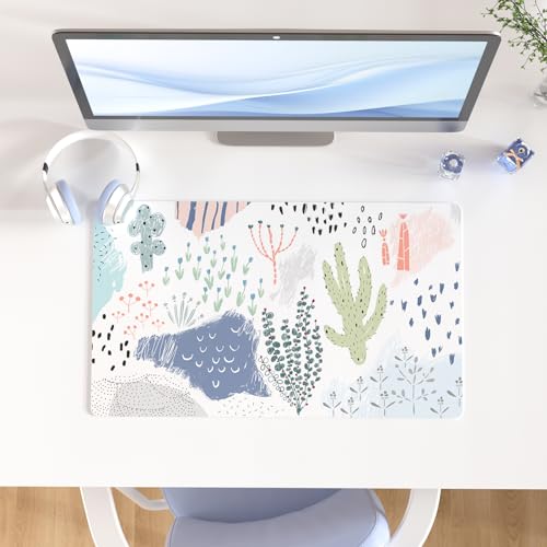 Colorful Star Large Mouse Pad, Waterproof PU Leather Abstract Desk Mat for Women Girls, Cute Desk Accessories Minimalist Home Office Decor, Kids Deak Pad Non-Slip Writing Mat 23.6" x 13.8" - color: Watercolor Plants, size: 23.6L x 13.8W inches