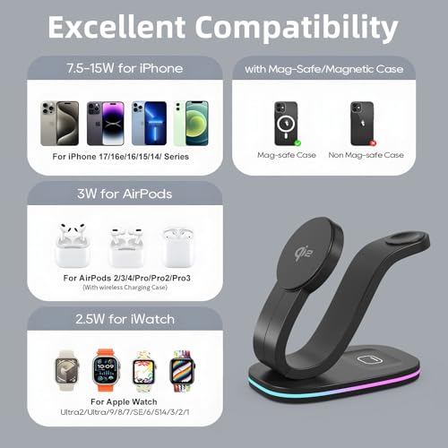 Wireless Charging Station, 2026 Upgraded Fast 15W 3-in-1 Charger Station for iPhone 17/16/15/14/13/12 Series, Watch Airpods 1-8/Ultra, iPad, AirPods