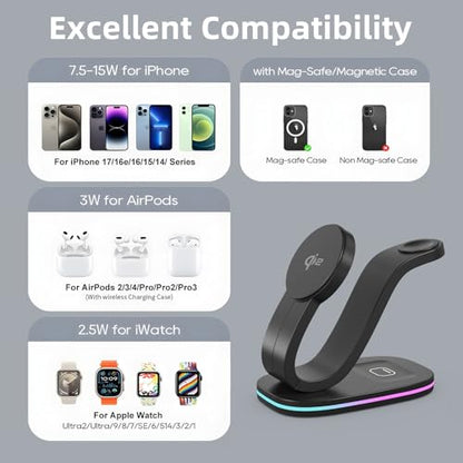 Wireless Charging Station, 2026 Upgraded Fast 15W 3-in-1 Charger Station for iPhone 17/16/15/14/13/12 Series, Watch Airpods 1-8/Ultra, iPad, AirPods