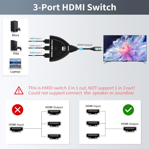 NEWCARE 8K@60Hz HDMI 2.1 Switch 3 in 1 Out, 4K@120Hz HDMI Switch Box with 2.9 ft HDMI 2.1 Cable, HDMI Splitter 3 in 1 Out Supports VRR, ALLM, HDR, HDCP 2.3, 3 Port HDMI Hub for Xbox PS5/4 HD TV - color: 3X1 8K@60Hz with 3.9ft cable