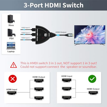 NEWCARE 8K@60Hz HDMI 2.1 Switch 3 in 1 Out, 4K@120Hz HDMI Switch Box with 2.9 ft HDMI 2.1 Cable, HDMI Splitter 3 in 1 Out Supports VRR, ALLM, HDR, HDCP 2.3, 3 Port HDMI Hub for Xbox PS5/4 HD TV - color: 3X1 8K@60Hz with 3.9ft cable