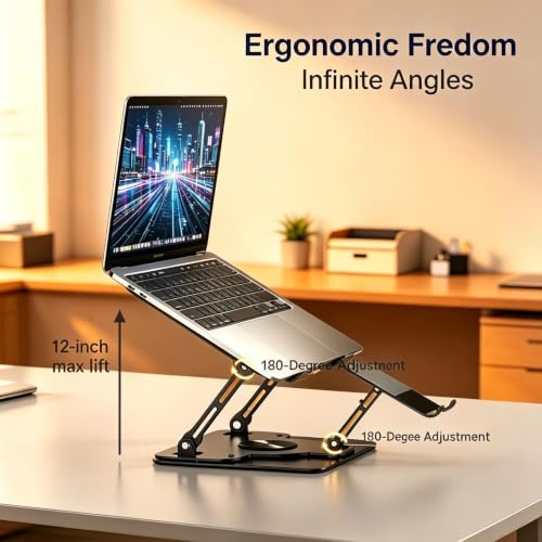 Laptop Stand for Desk with Quiet Cooling Fans - 360 Rotating Base Ergonomic Computer Stand, Aluminum Laptop Riser Foldable Protable for Office Home fits MacBook Air Pro, Dell, HP (10-17.3'') (black) - color: black