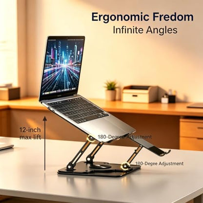 Laptop Stand for Desk with Quiet Cooling Fans - 360 Rotating Base Ergonomic Computer Stand, Aluminum Laptop Riser Foldable Protable for Office Home fits MacBook Air Pro, Dell, HP (10-17.3'') (purple) - color: purple