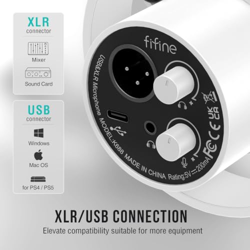 FIFINE AmpliTank K688TW Podcast XLR/USB Microphone Kit, Dynamic Vocal Mic | Studio PC Microphone with Boom Arm, Mute, Headphone Monitoring, for Recording, Streaming, Voice-Over, Online Teaching, White - size: K688T White