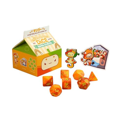 1985 Games Mango Milk Carton Dice Set – Milk Carton-Inspired Dice for DND | TTRPGs & Tabletop Roleplaying - color: Mango