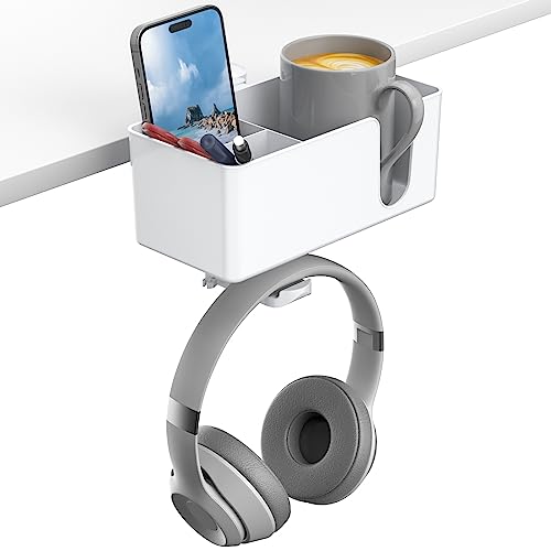 KDD 4-in-1 Desk Organizer - Under Desk Cup Holder and Headphone Hanger with 2 Wire Holes - Rotating Hanger and Detachable Storage for Cup, Phone and Pen (White) - color: White