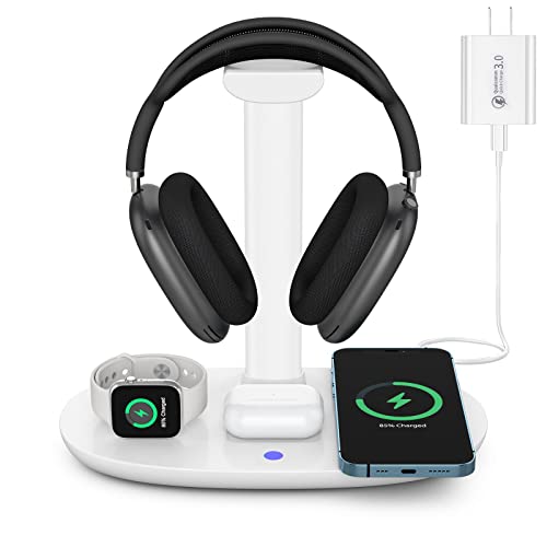Headphone Stand with 15w Wireless Charger, Suguder 4 in 1 Charging Station Headset Holder for AirPods Max/Pro/4/3/2 iWatch 10/9/8/7/6/5/4/3/2/1/SE iPhone 17/16/15/14/13/12/11/X for Desktop Table Game | 4 in 1 15w Charging Station Headset Holder for AirPod