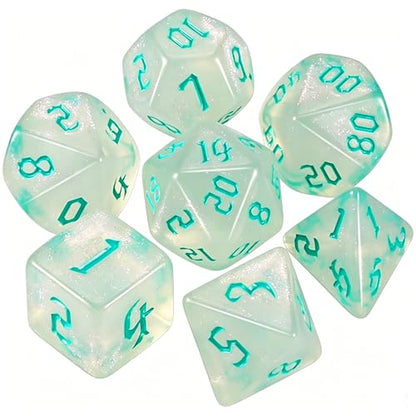 QMAY DND Dice Set -D&D Polyhedral Dice (7 Pcs) for Dungeons and Dragons (Transparent White Glitter) - color: Transparent White Glitter