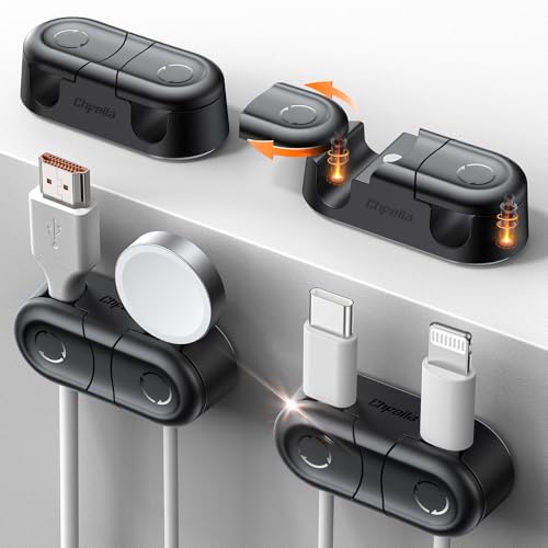 Magnetic Cable Clips - Chfeila 4Pack [Dual Slot] [360°Rotating & Twist-Lock] Cord Management, Adhesive Phone Charging Keeper, Wire Organizer Holder for Nightstand, Home Office Desk Accessories Decor - color: Black-4Pack