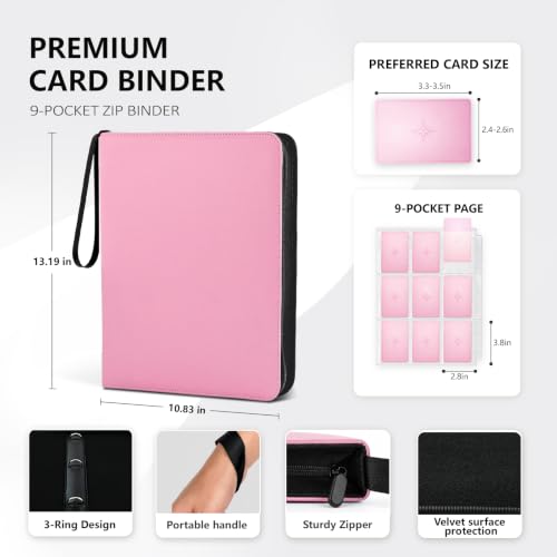 9 Pocket Zip Card Binder, Trading Card Album Holds 1080 Cards, Pink | Logo-free design,top-loading pages,removable double-sided pockets,waterproof cover,soft lnner lining. - color: Pink, size: 9 Pocket 1080