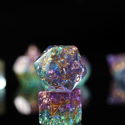 Prismatic Realm Resin Dice Set for DND – 7pc Polyhedral Set with Glitter & Foil – Stunning and Cool RPG Dice for Dungeons & Dragons, and Other TTRPGs – Unique Natural Distribution - color: Prismatic Realm