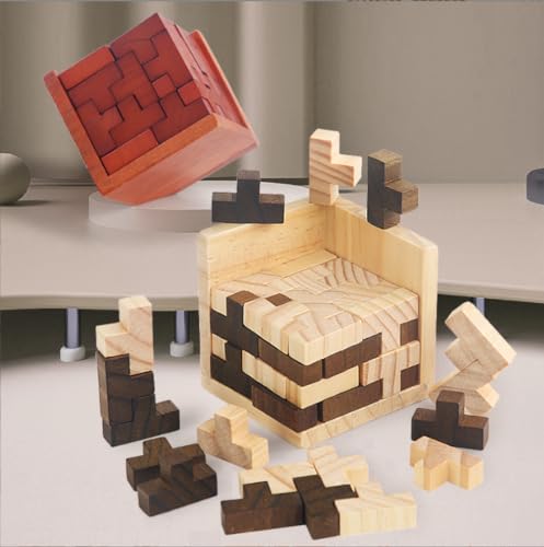 Ahyuan Wooden Brain Teaser Puzzle Cube Wooden Puzzles T-Shaped Jigsaw Logic Puzzle Educational Toy for Kids and Adults by AHYUAN (Brown and Natural) - color: Brown and Natural