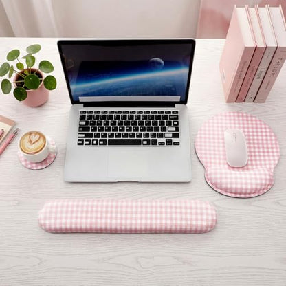 Tellegloww Wrist Rest Support for Mouse Pad&Keyboard Set, Pink Gingham Checkered Circle Curved Ergonomic Mousepad&Coaster Non-Slip Base Design for Office Home Laptop Desktop Computer Keyboard - color: Pink