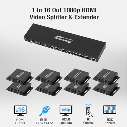 1080P 1x16 (8 Receivers) HDMI Splitter Over Cat6 Extender | up to 164 Feet (50 Meters) for 16 Monitors and 1 Loop-out Monitor (1 In 16 Out), IR Control and EDID Function - size: 1x16