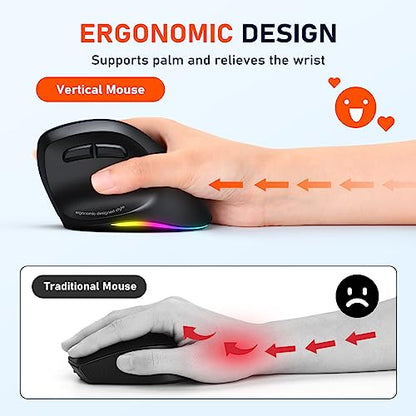 MEETION Ergonomic Mouse Wireless, RGB Backlit Vertical Mouse, 4 Adjustable DPI Rechargeable Mice for Bluetooth(5.2 + 3.0) & USB, for Mac/Windows/PC/Tablet/iPad, Black - color: Right Black