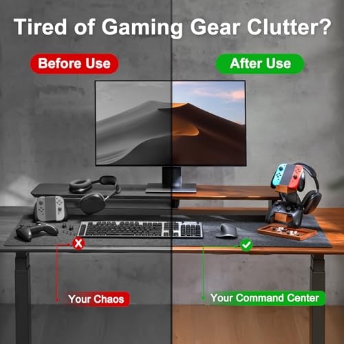 Solid Wood Controller Holder and Headphone Stand, Controller Stand for Desk | Dual Gaming Controller Organizer Rack, Fits Xbox, PS4, PS5, Gamepad, Headset Holder for Son, Husband, Boyfriend