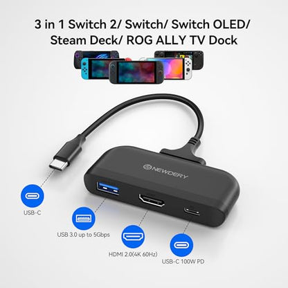 NEWDERY Switch 2 Dock, Portable TV Docking Station with 4K@60HZ HDMI