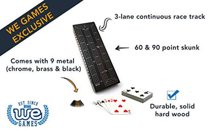 WE Games 3 Player Wood Cribbage Set - Easy Grip Pegs and 2 Decks of Cards Inside of Board - Black Stained - color: Black Stain