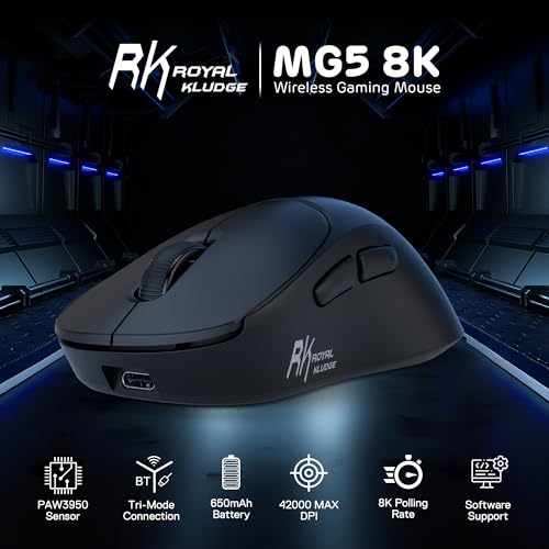 RK ROYAL KLUDGE MG5 8K Wireless Gaming Mouse 42000 DPI PAW3950 Sensor | 56g Lightweight Ergonomic Computer Mouse, Dual 8000Hz Polling Rate, 2.4GHz/BT/USB-C, Gaming Accessories for PC/Laptop/Mac - color: Black