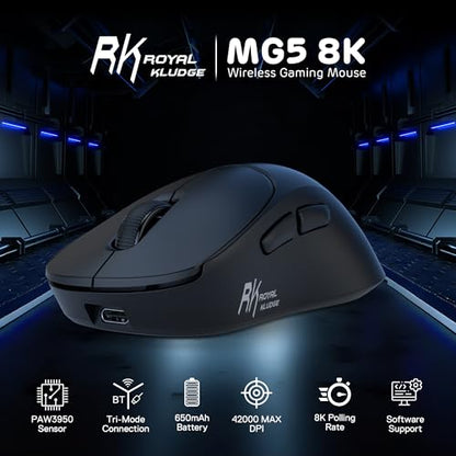 RK ROYAL KLUDGE MG5 8K Wireless Gaming Mouse 42000 DPI PAW3950 Sensor | 56g Lightweight Ergonomic Computer Mouse, Dual 8000Hz Polling Rate, 2.4GHz/BT/USB-C, Gaming Accessories for PC/Laptop/Mac - color: Black