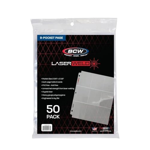 BCW LaserWeld 9 Pocket Pages - 50 Page Pack | Glass-Like Clear Flat Lay | Premium Ultra Flat and Clear Pocket Pages for Cards | Trading Card Binder Sleeves for Pokemon, MTG, Baseball, Basketball - style: 50 Pack