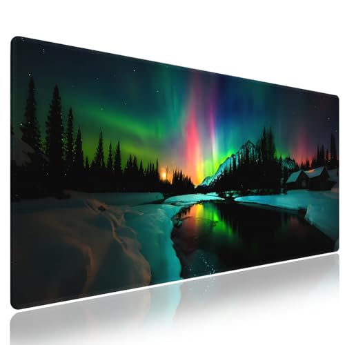 Extra Large Gaming & Office Mouse Pad (31.5" x 11.8") – Aurora Borealis Over Winter Landscape Snow Mountains & Calm Lake & Captivating Night Sky, XXL Desk Mat with Durable Stitched Edges | Calm Lake Captivating Night Sky, Nature Dark Forest, 31.5" x 11.8"