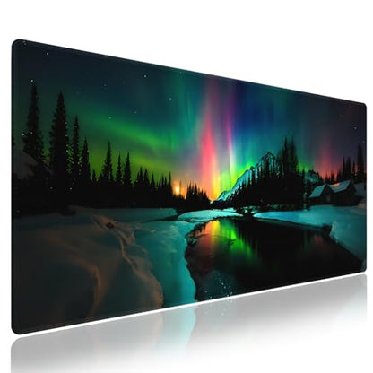 Extra Large Gaming & Office Mouse Pad (31.5" x 11.8") – Aurora Borealis Over Winter Landscape Snow Mountains & Calm Lake & Captivating Night Sky, XXL Desk Mat with Durable Stitched Edges | Calm Lake Captivating Night Sky, Nature Dark Forest, 31.5" x 11.8"