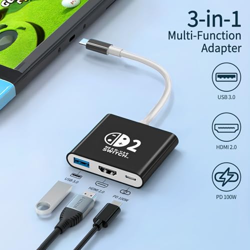 Dock for Switch 2, Portable Travel for Switch 2 Docking Station for TV, for Switch2 Tv Adapter with HDMI2.0/PD 100W/USB3.0 Port, Support 4K/1080P/120HZ/ TV Dock Mode, Black