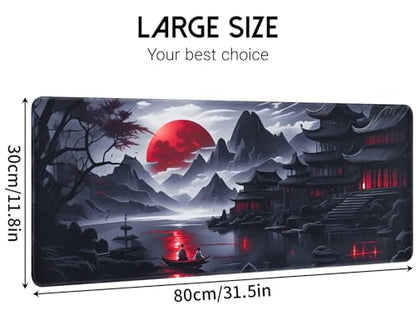 FreeNook Large Gaming Mouse Pad, Anime Black Mousepad with Stitched Edges, Expanded Cool Desk Mat, Japanese Red Moon XL Keyboard Mat Suitable for Home Office,31.5 X 11.8 Inch - color: RedMoon, size: 31.5L x 11.8W inches