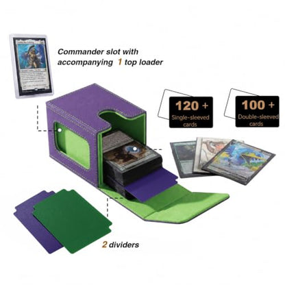 Venssu MTG Deck Box with Commander Display Window (Purple＆Green) | Holds 120 Single-Sleeved/ 100 double-sleeved cards, Fit MTG/PTCG/OPTCG Cards, Strong Magnetic Closure, Sturdy PU Leather - color: Purple&Green