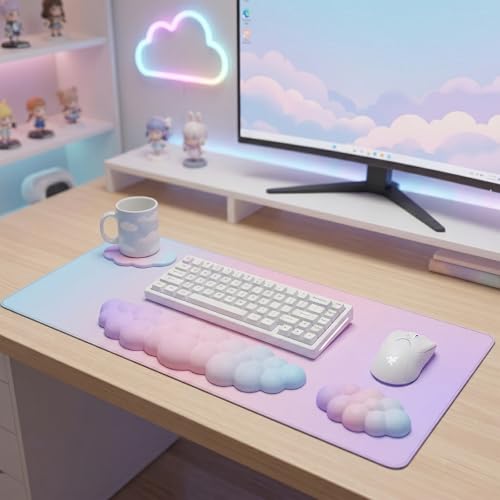 Cloud Mouse Pad Keyboard Wrist Rest 4PCS Extended Large Pink Sky Desk Mat Pad Set Memory Foam Non-Slip Cute Ergonomic Gaming Mouse Pad Wrist Support for Computer Laptop Home Office Pink Purple - color: 4pcs Pink Purple