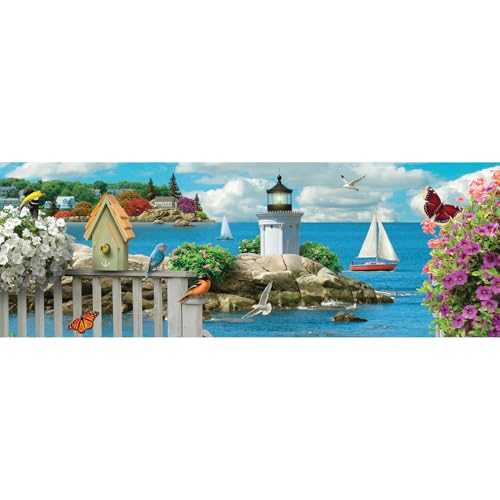 Bits and Pieces 500 Piece Panoramic Puzzle - Seacoast Serenity - Large 12" x 36" Jigsaw Puzzles for Adults 500 Pieces Seascape Ocean Lighthouse Birds, No 2 Pieces Alike - size: 500 Piece Puzzle