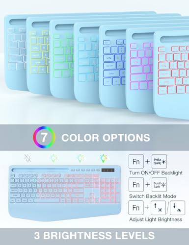 Wireless Keyboard and Mouse Combo, 9 Backlit Effects, RGB, 2.4GHz | Ergonomic Wrist Rest, Phone Holder, Rechargeable, Full Size, KM22 MAX Silent Set for Computer, Laptop, Mac, Windows (Blue) - color: Sky Blue