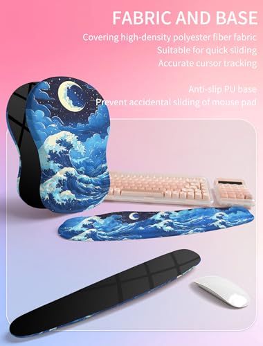 Hokafenle 2in1 Combination, Wave Keyboard Wrist Rest and Ergonomic Curvature Mouse Pad Wrist Support for Relieve Wrist Pain, Filled with Soft Cushion Memory Foam, Crescent Waves - color: Crescent Waves