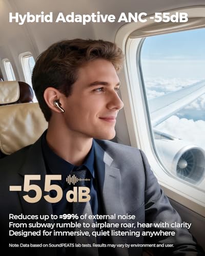 SoundPEATS Air5 Pro+ Wireless Earbuds, LDAC & aptX Lossless, xMEMS Warm Treble Hi-Res Audio, Hybrid Driver Earbuds with 10mm Composite Speaker, 55dB AI Adaptive ANC, Bluetooth 5.4, Weightless Comfort