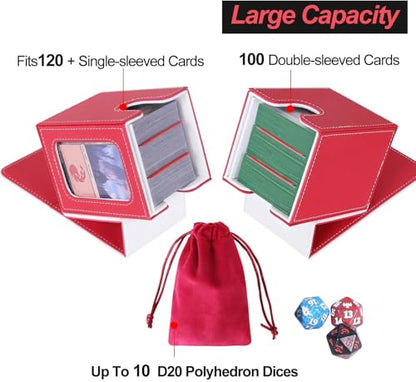 AFIING MTG Deck Box for Commander Display,Card Deck Box Fits 60+ Double Sleeved Cards or 100+single sleeved cards, Magic Commander TCG Card Storage Box with 2 Dividers,Dice Bag(Red/White) - color: Commander Red White